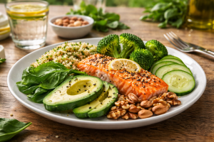 Balanced healthy meal with salmon, quinoa, vegetables and healthy fats representing healthy blood sugar habits for metabolic health