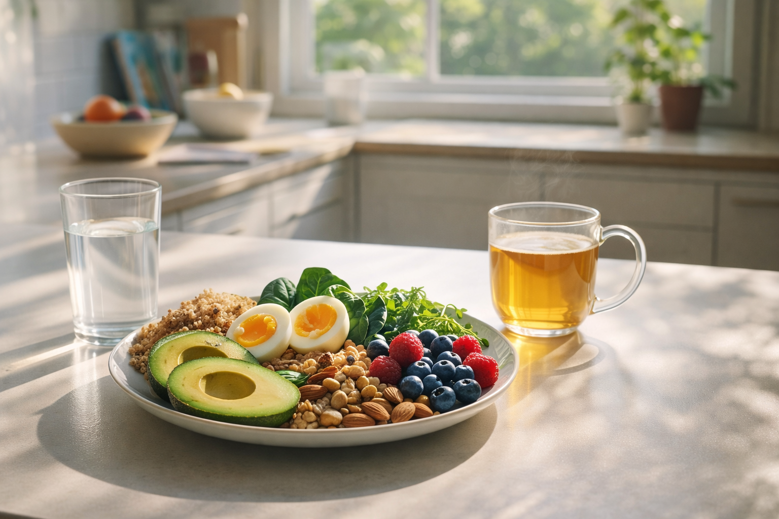 Healthy blood sugar habits with a balanced breakfast including eggs, avocado, berries, nuts and whole foods supporting natural glucose balance