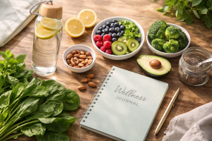 Healthy lifestyle foods and water representing healthy blood sugar habits that help maintain stable glucose levels naturally